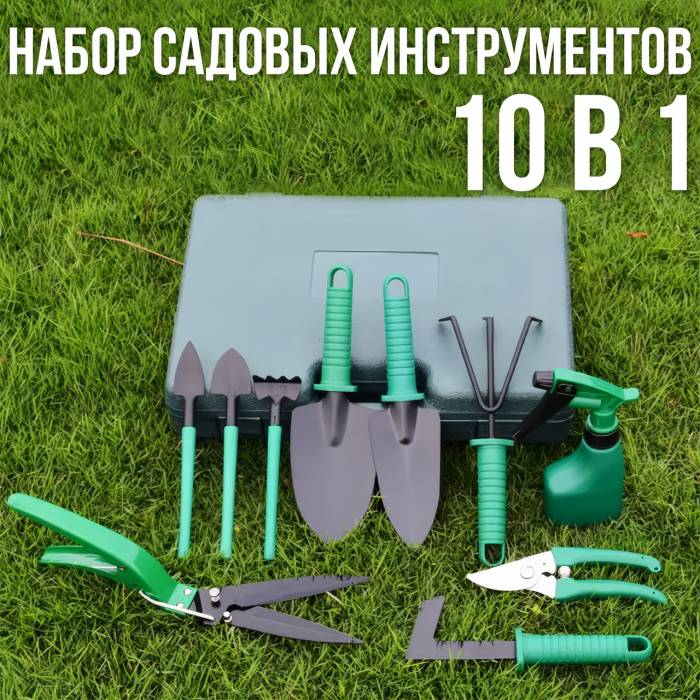 Набір садових інструментів 10 в 1 у пластиковому кейсі для саду та городу