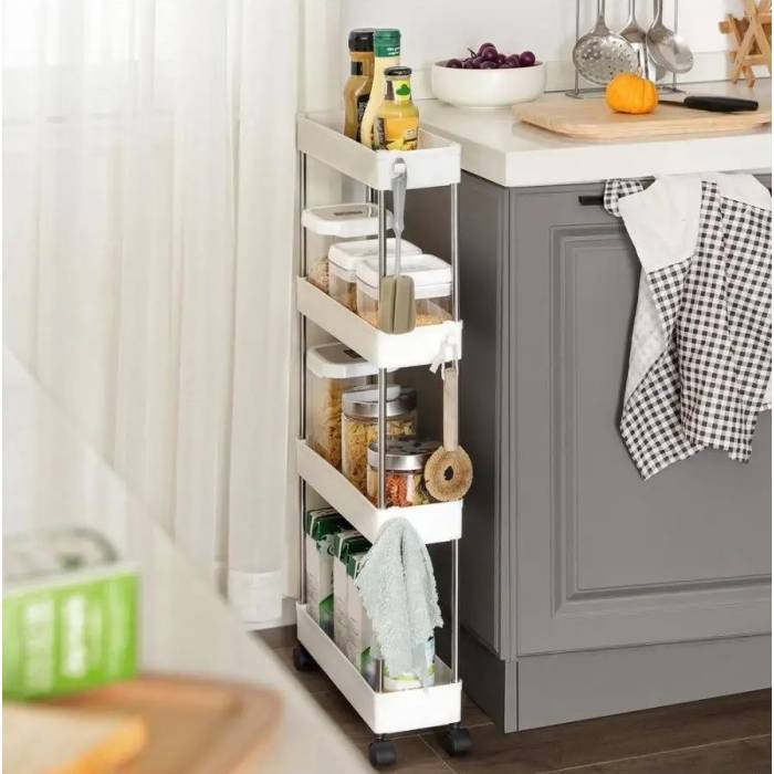 Пересувна полиця підлога 40х14.5х90 см на коліщатках Bathroom Rack Біла 4 яруси