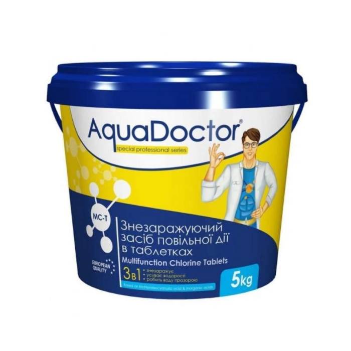 Препарат для регулярної обробки води в басейні мультитаб 3 до 1 Aquadoctor 5 кг таблетки 200 г