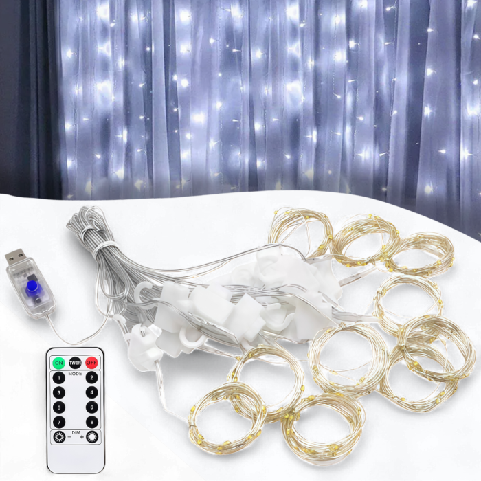 USB Світлодіодна гірлянда-штора "Роса" 3х2 метри 200 LED 8 режимів світіння Біле світло