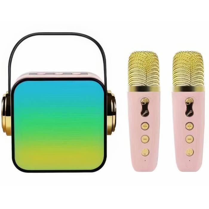 Портативная Bluetooth колонка с 2 караоке микрофонами Music With Karaoke Розовая Колонка RGB с подсветкой