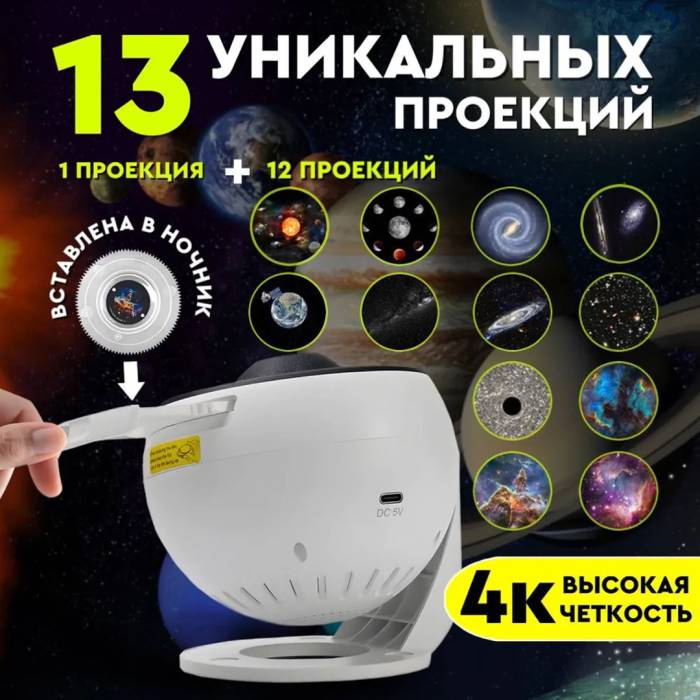 Проектор-нічник зіркового неба Galaxy Projector 360 ° з 13 космічними слайдами та таймером сну