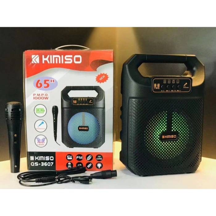Портативная Bluetooth колонка с проводным микрофоном и светомузыкой Kimiso QS-3607 Активная напольная колонка