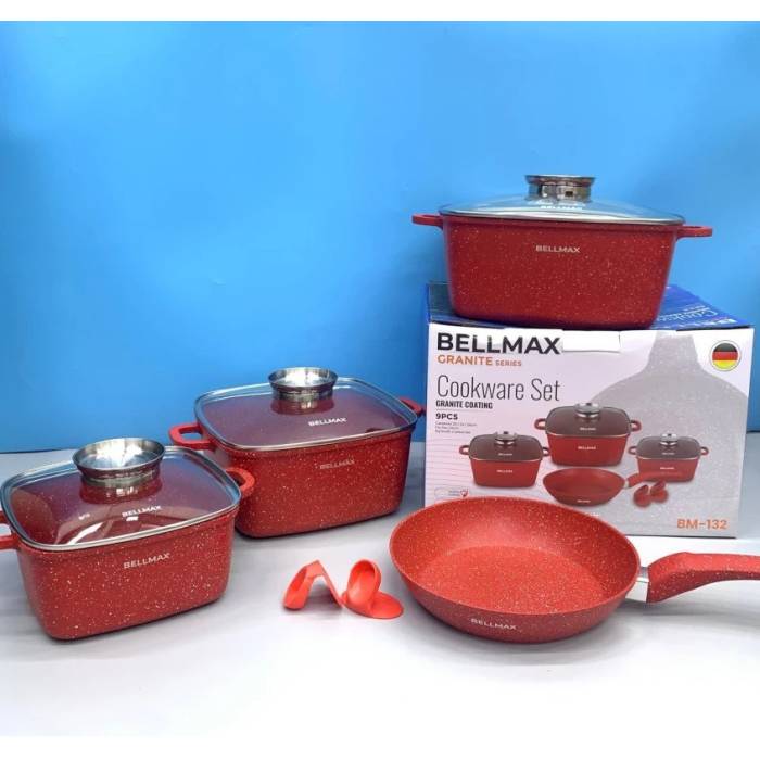 Набор кухонной посуды с гранитным антипригарным покрытием на 9 предметов Bellmax Cookware Set BM-132 RED