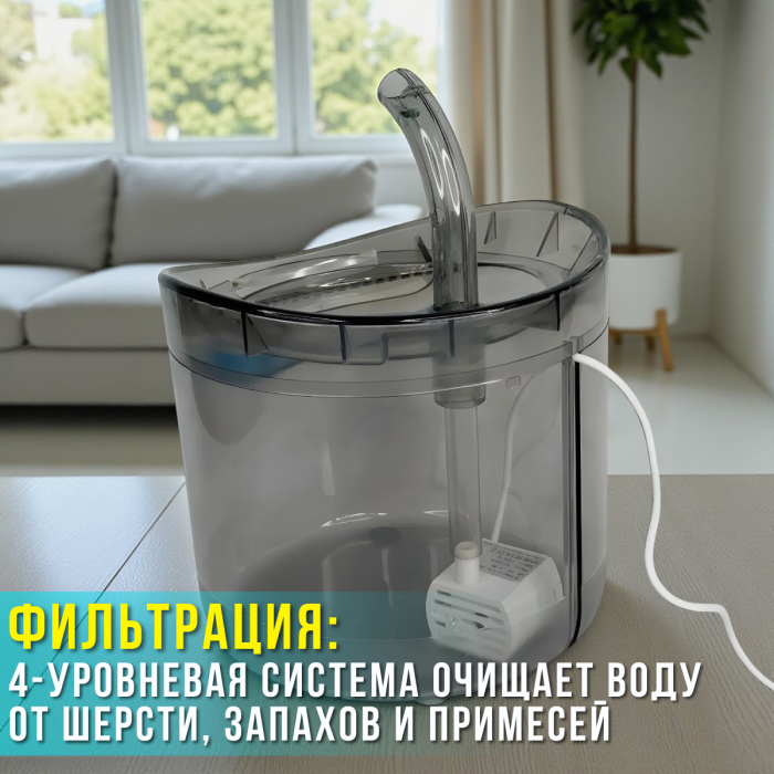 Питний фонтан для кішок та собак 1.5л з фільтром і прозорим резервуаром