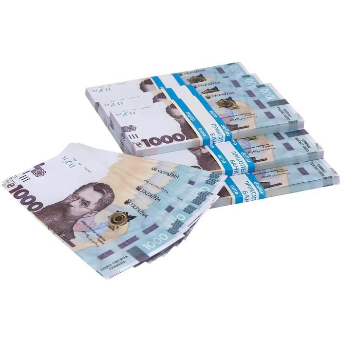 Пачка сувенірних гривень "1000 грн" для розіграшів та подарунків Упаковка 80 шт.