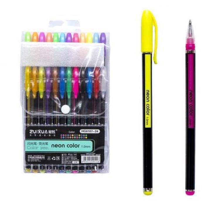 Набір неонових глітерних гелевих ручок 24 кольори Neon color HG6107-24 1 упаковка 2 шт