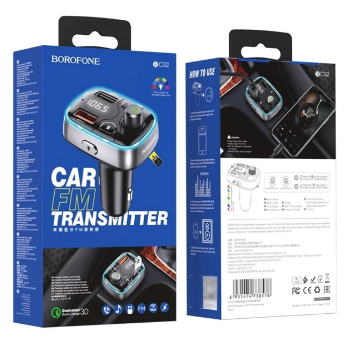 Автомобільний FM-модулятор з функцією швидкого заряджання Borofone BC32 з 2 USB