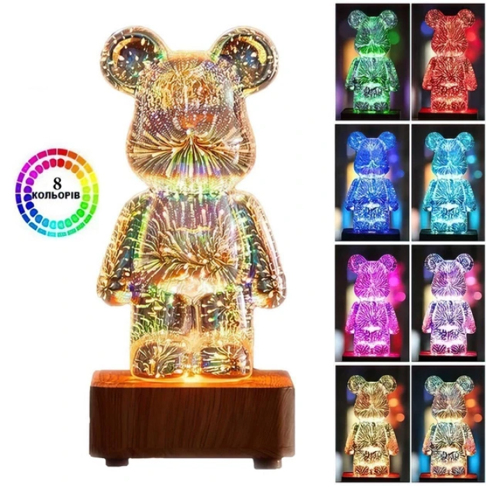 3D нічник скляний з ефектом феєрверку у вигляді ведмедика RGB Bearbrick LED Світильник-лампа на 8 кольорів