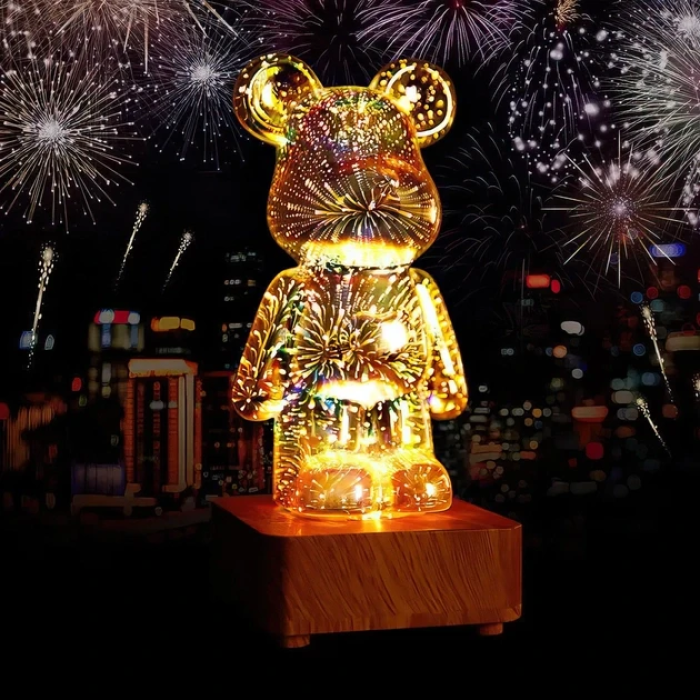3D нічник скляний з ефектом феєрверку у вигляді ведмедика RGB Bearbrick LED Світильник-лампа на 8 кольорів