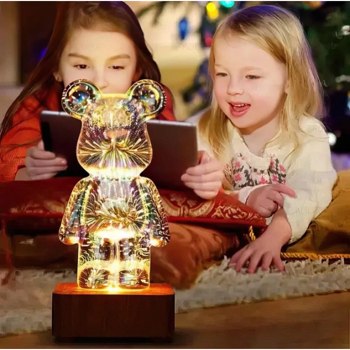 3D нічник скляний з ефектом феєрверку у вигляді ведмедика RGB Bearbrick LED Світильник-лампа на 8 кольорів