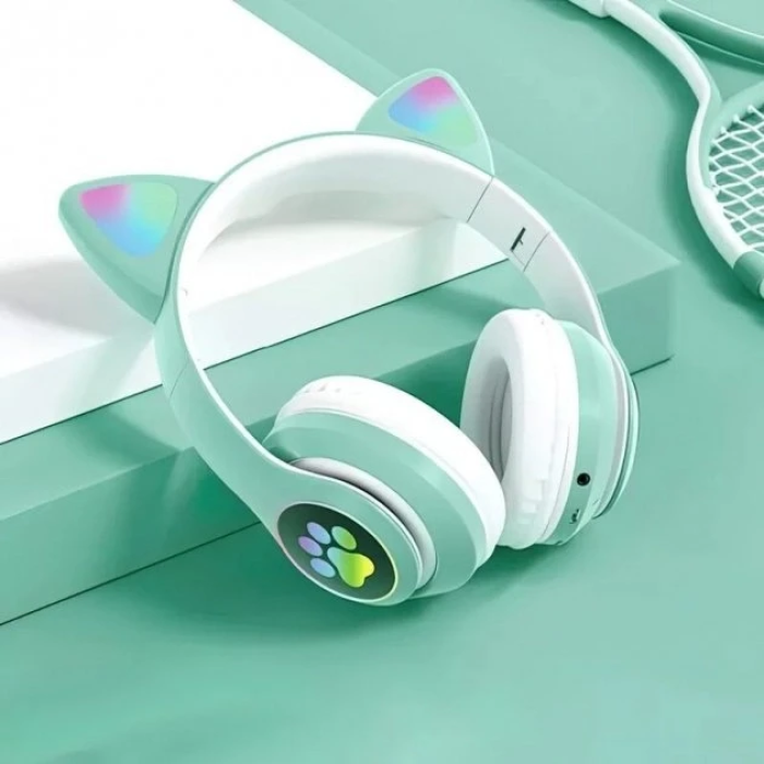 Наушники детские беспроводные Bluetooth с FM-радио Cat Ear AKS-28 LED Кошачьи ушки с подсветкой Бирюзовый