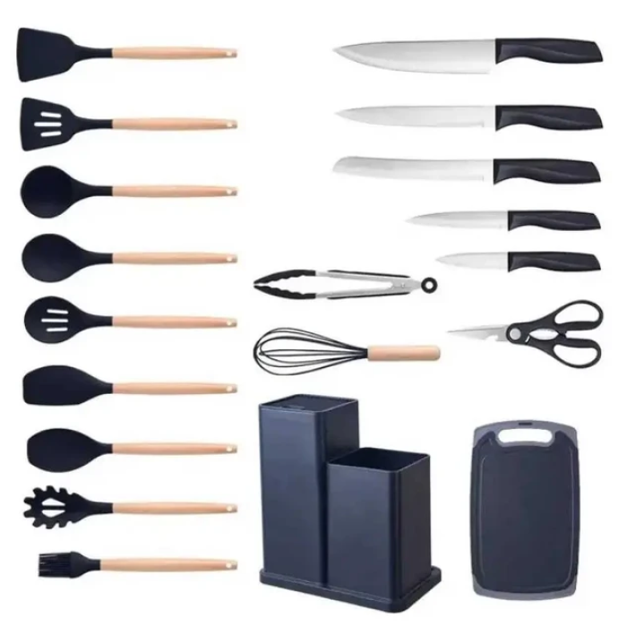 Набір силіконових кухонних речей 19 предметів Чорний Kitchen Set Кухонний набір з дощечкою