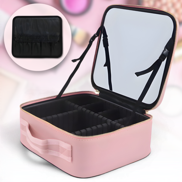Портативна тканинна косметичка з дзеркальцем Make Up Рожева Дорожня косметичка-валіза