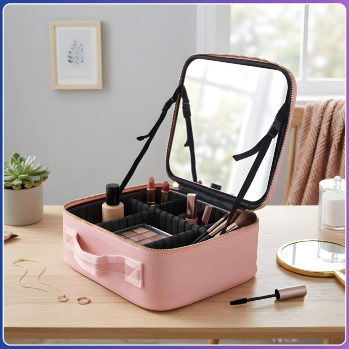 Портативна тканинна косметичка з дзеркальцем Make Up Рожева Дорожня косметичка-валіза