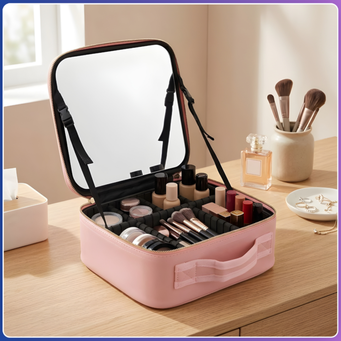 Портативна тканинна косметичка з дзеркальцем Make Up Рожева Дорожня косметичка-валіза