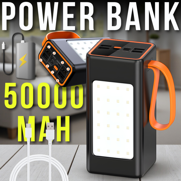Power Bank 50000 mAh с 4 USB-портами, фонариком и дисплеем