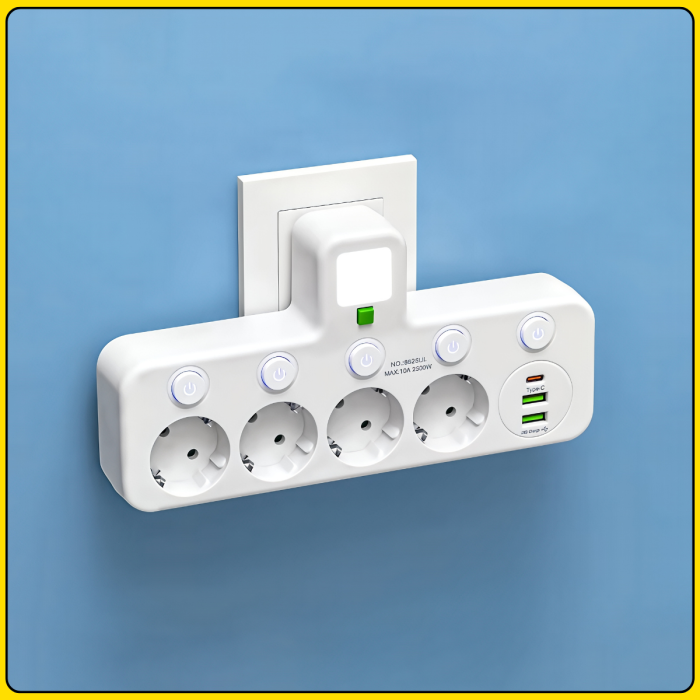 Мережевий адаптер з вбудованим нічником та вимикачами 4х220V | 2хUSB | Type-C 8625UL