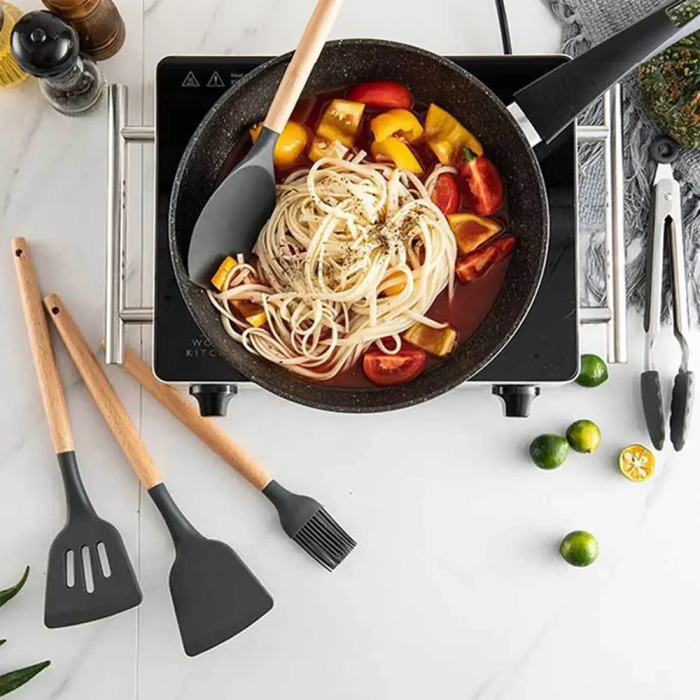 Набір силіконового кухонного приладдя 12 предметів Kitchen Set Кухонний набір з силікону та дерева Чорний