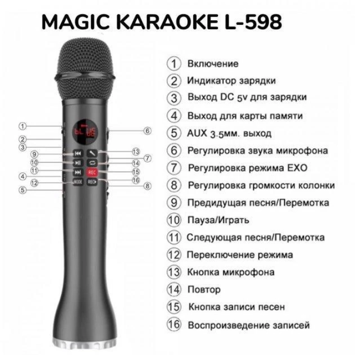 Портативний бездротовий Bluetooth Мікрофон 598 L598 караоке з екраном Bluetooth і потужним динаміком