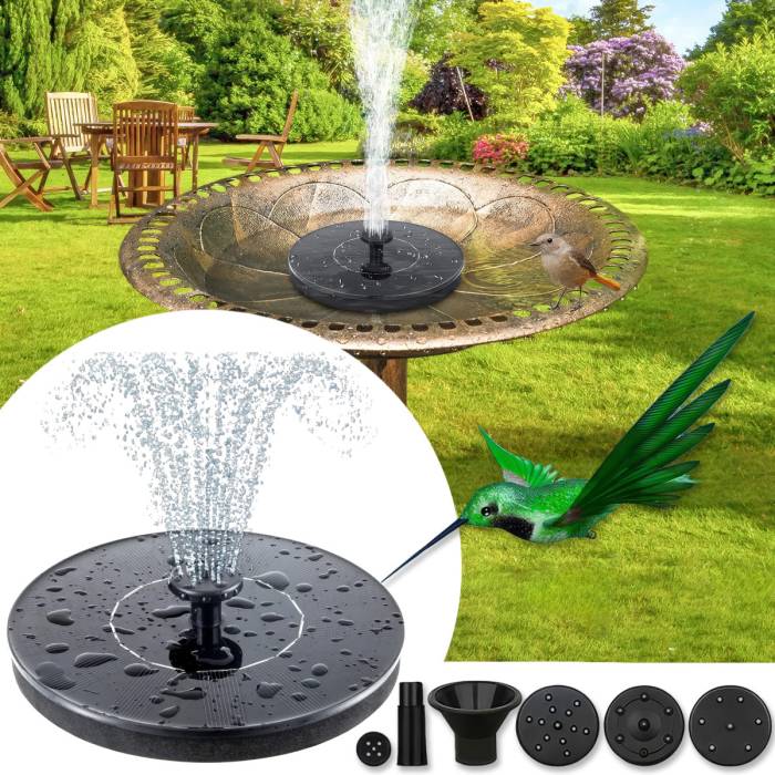 Плавающий садовый фонтан с солнечной панелью и разными насадками Solar Fountain