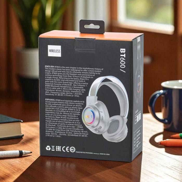 Накладные Bluetooth наушники с шумоподавлением и RGB-подсветкой BT600 Белый