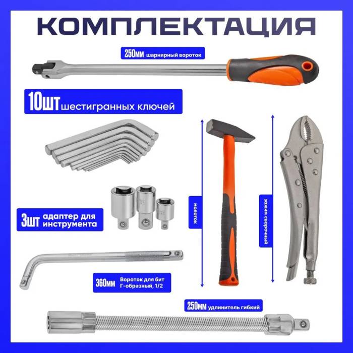 Автомобільний набір інструментів на 150 ручних інструментів із молотком у зручному пластиковому кейсі