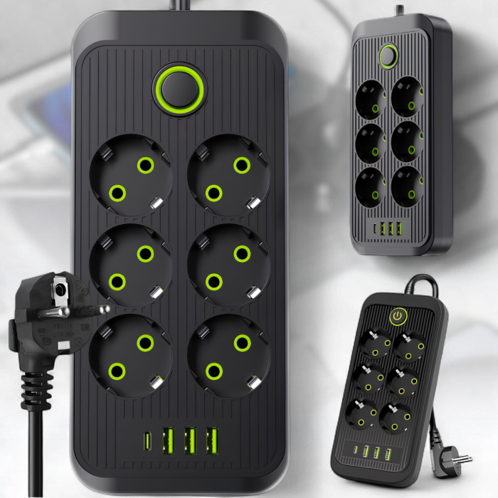 Мережевий подовжувач із 6 розетками й USB-A/C портами 3 метри 2500W Чорний