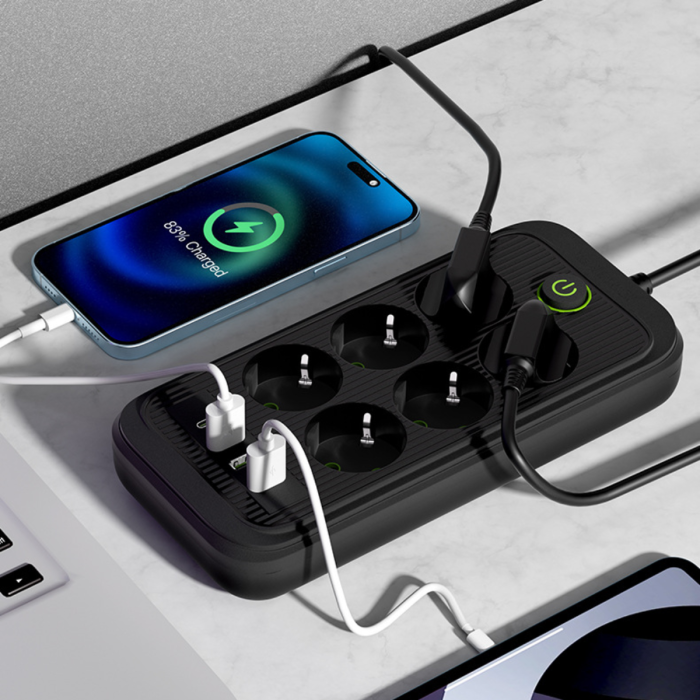 Мережевий подовжувач із 6 розетками й USB-A/C портами 3 метри 2500W Чорний