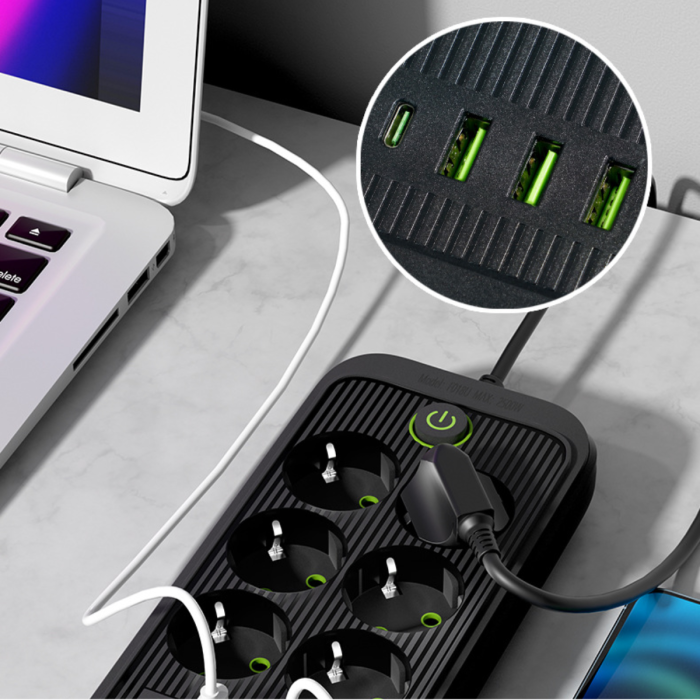 Мережевий подовжувач із 6 розетками й USB-A/C портами 3 метри 2500W Чорний
