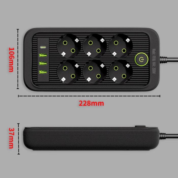 Мережевий подовжувач із 6 розетками й USB-A/C портами 3 метри 2500W Чорний