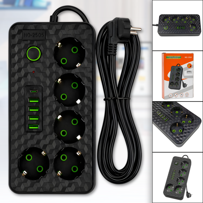 Мережевий фільтр-подовжувач 3м на 5 розеток із заземленням 4хUSB | Type-C 2505