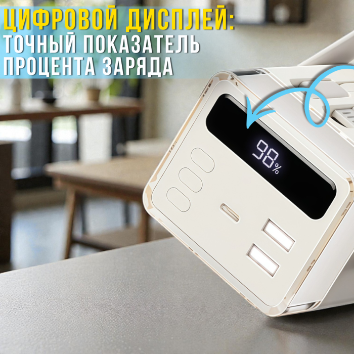 Портативний повербанк 60000 мАг з вбудованими кабелями, ліхтариком та RGB-підсвіткою Type-C | USBх2 Білий