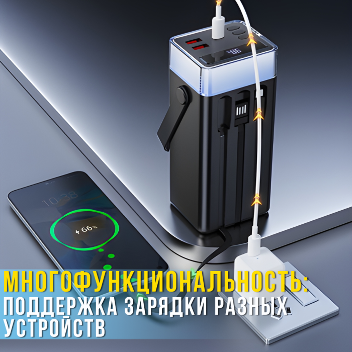 Повербанк на 40000 мАч з дисплеєм, вбудованими кабелями, ліхтариком та RGB-підсвічуванням Type-C | USBх2 Чорний
