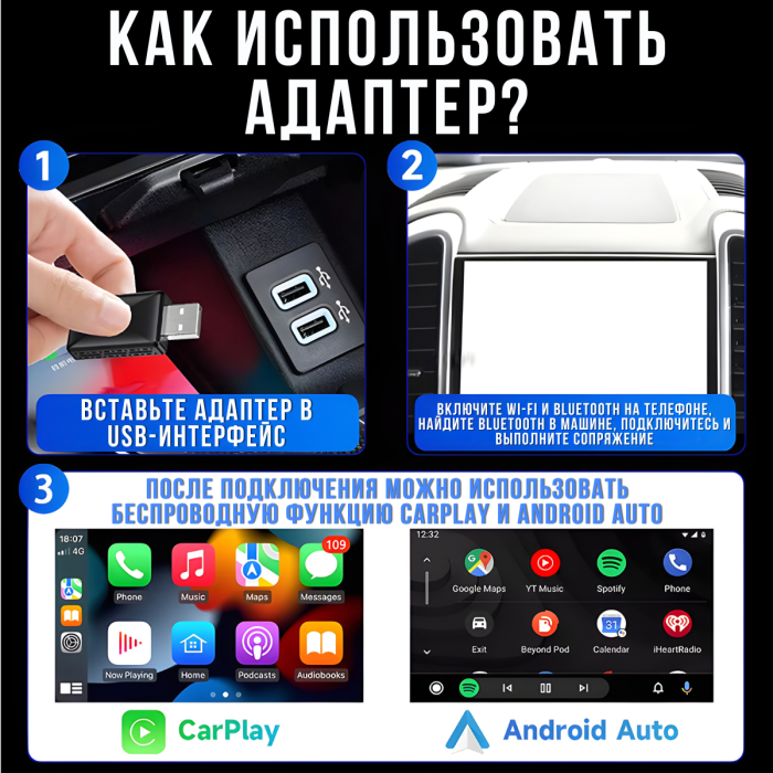Бездротовий адаптер 2в1 для автомобіля з перехідником Type-C CarPlay/Android Auto