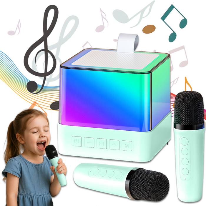 Беспроводная Bluetooth колонка с RGB подсветкой и 2 караоке микрофонами Music Hi Голубой