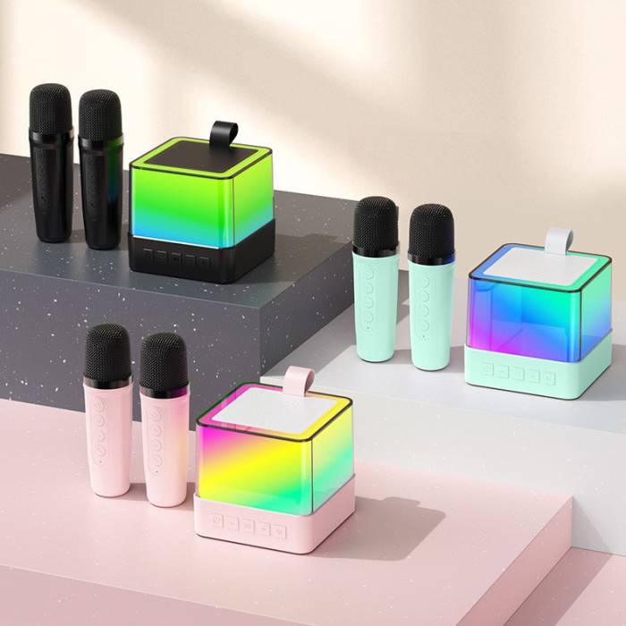 Беспроводная Bluetooth колонка с RGB подсветкой и 2 караоке микрофонами Music Hi Голубой