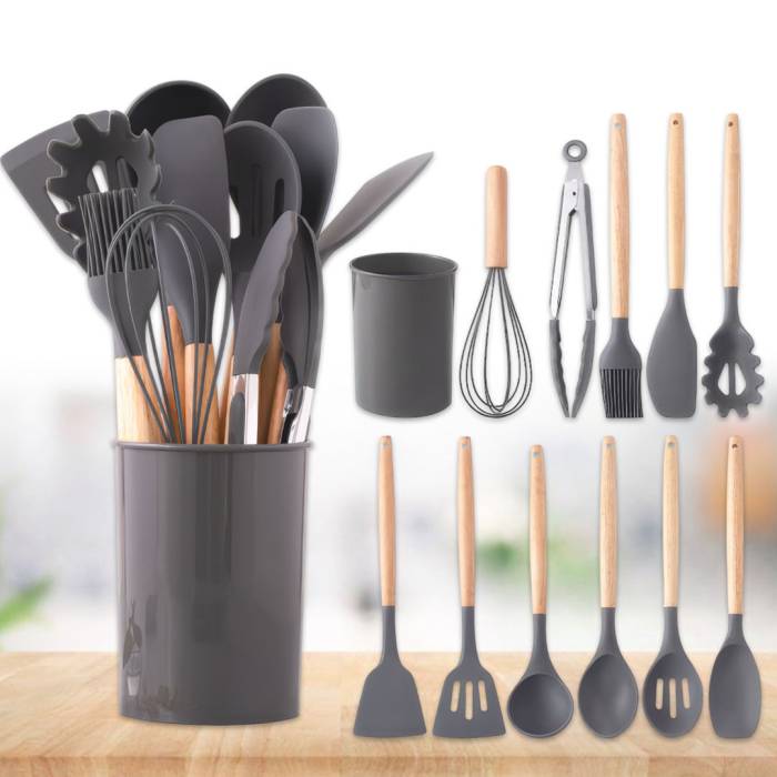 Набір кухонного приладдя 12 предметів із силікону та дерева Kitchen stuff Сірий