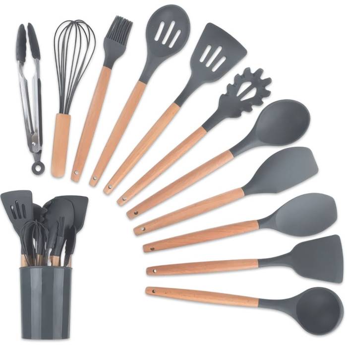 Набір кухонного приладдя 12 предметів із силікону та дерева Kitchen stuff Сірий