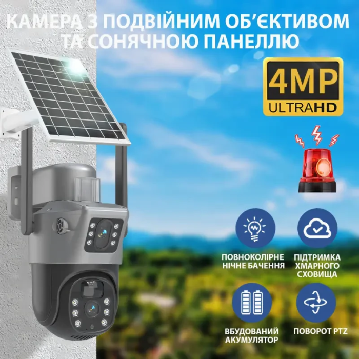 Вулична IP камера відеоспостереження із сонячною панеллю та двома об'єктивами HM-V35 4G Камера відеоспостереження 8Мп