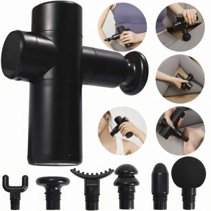 Портативный ручной массажёр пистолет с 6 насадками в кейсе Gun Massager Массажный вибрационный пистолет