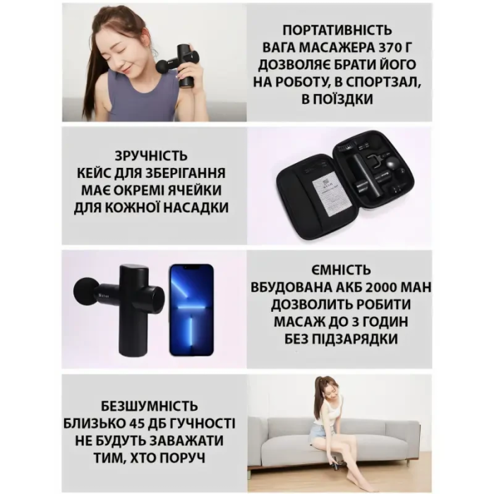 Портативный ручной массажёр пистолет с 6 насадками в кейсе Gun Massager Массажный вибрационный пистолет