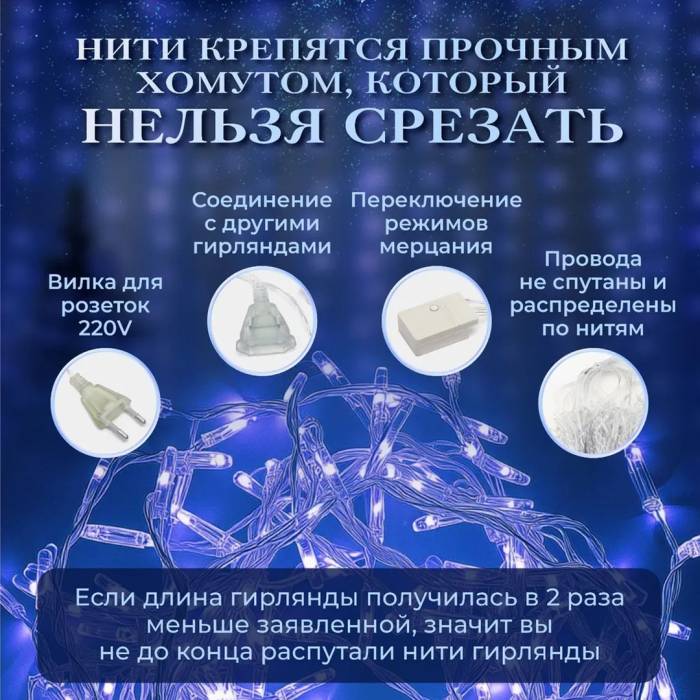 Гірлянда-штора на 3х2 м новорічні прикраси для декору будинку Гірлянда на прозорому дроті від мережі