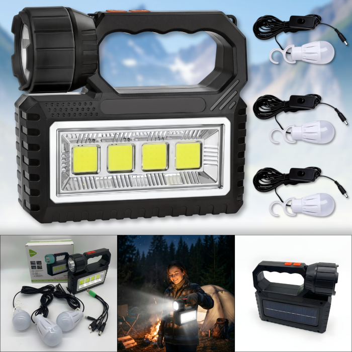 Акумуляторний ліхтар LED+COB із сонячною панеллю та 3 виносними лампами OK-718S-B