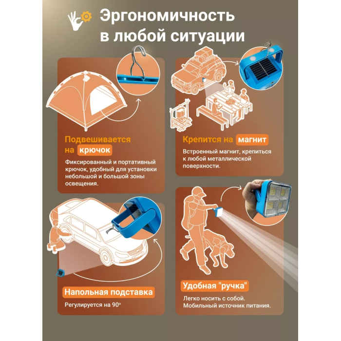 Ручной аккумуляторный светодиодный фонарь с солнечной батареей и функцией PowerBank LD-02 Синий