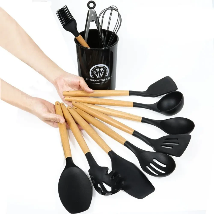 Набір силіконового кухонного приладдя 12 предметів Kitchen Set Кухонний набір з силікону та дерева Чорний