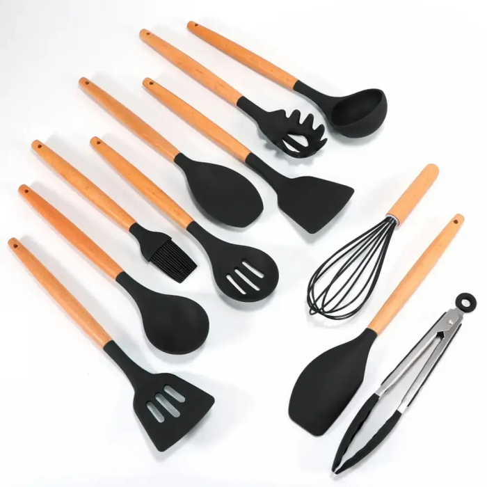 Набір силіконового кухонного приладдя 12 предметів Kitchen Set Кухонний набір з силікону та дерева Чорний