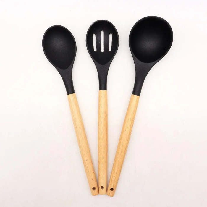 Набір силіконового кухонного приладдя 12 предметів Kitchen Set Кухонний набір з силікону та дерева Чорний