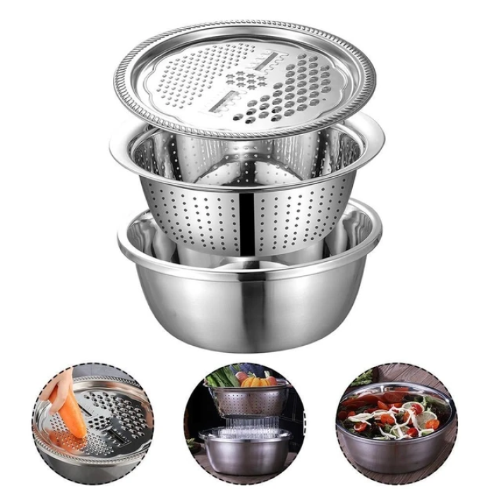 Багатофункціональний кухонний набір з нержавіючої сталі 3 в 1 Metal Basket Cutter Миска друшляк і тертка