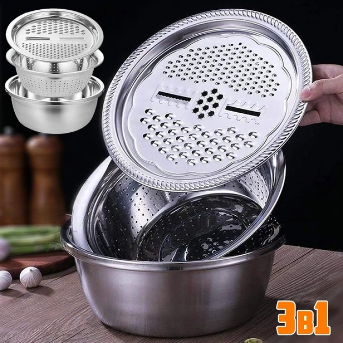 Багатофункціональний кухонний набір з нержавіючої сталі 3 в 1 Metal Basket Cutter Миска друшляк і тертка
